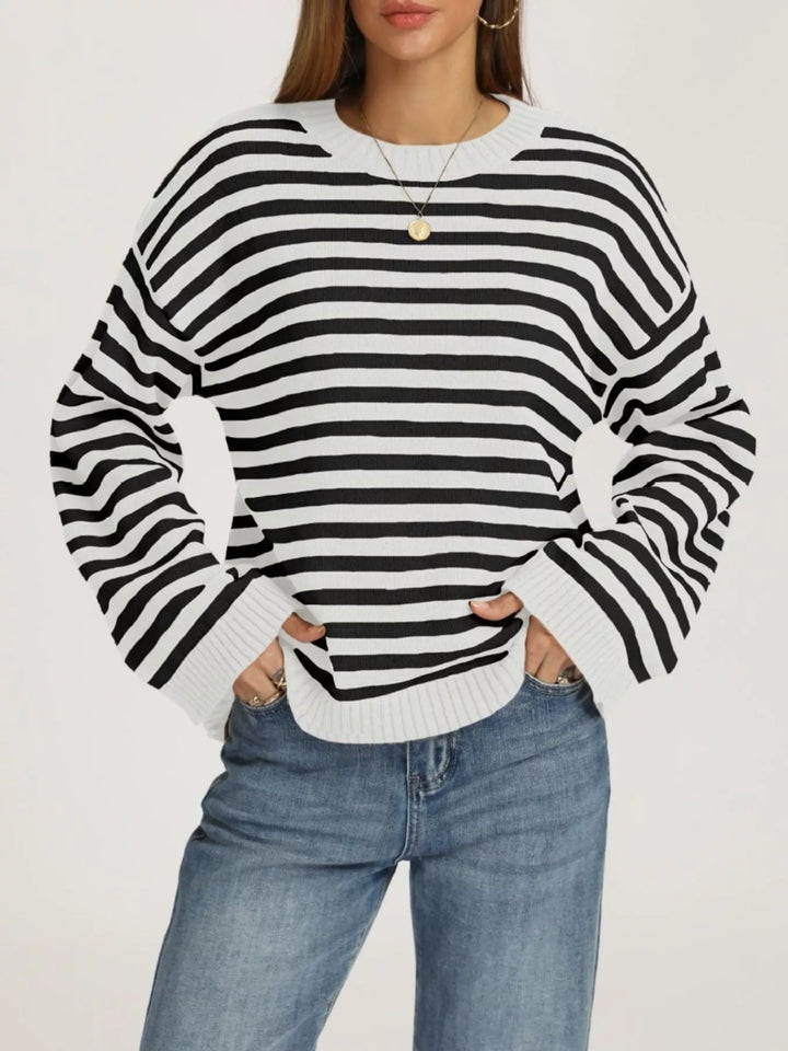 White With Black Striped drop shoulder crew neck sweater with ribbed trim