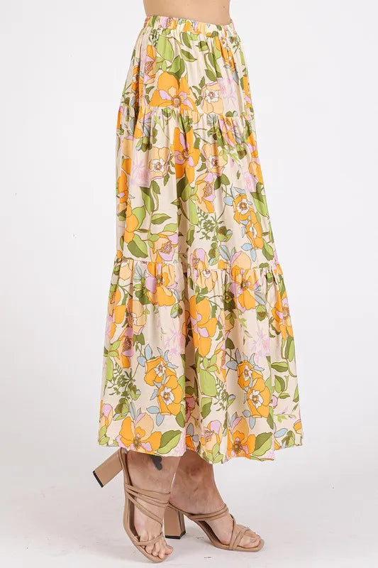 Retro floral print tiered midi skirt with elastic waistband