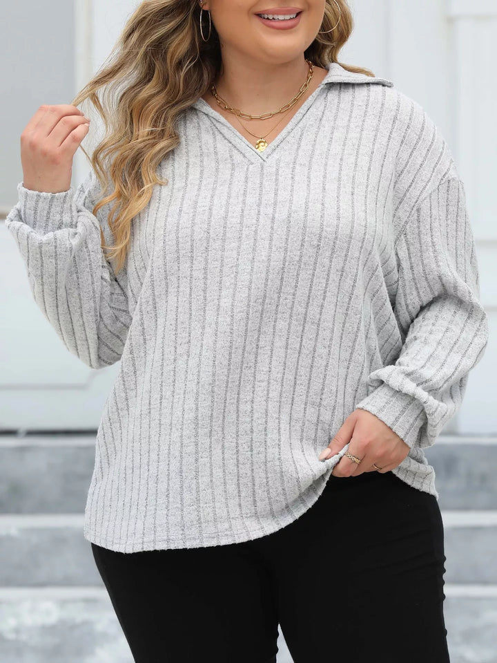 Plus size ribbed knit polo collar long-sleeve top
