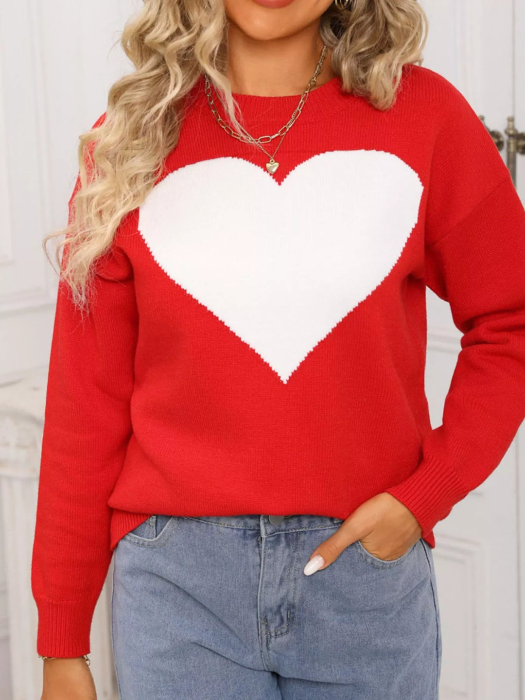 Heart intarsia dropped-shoulder crewneck sweater