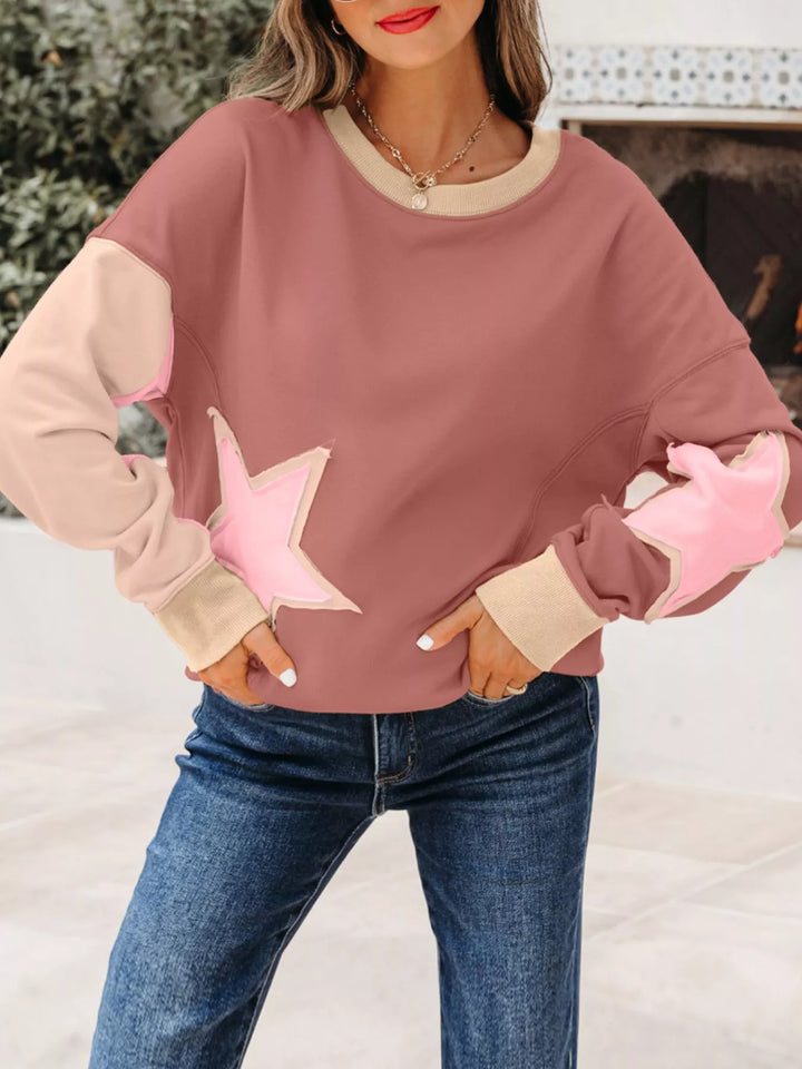 Dusty Pink Star patch drop-shoulder sweatshirt with contrast panels
