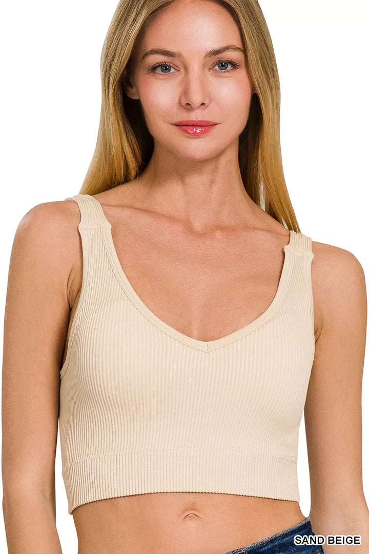 SAND BEIGE Seamless ribbed V-neck cropped tank with built-in padded bra