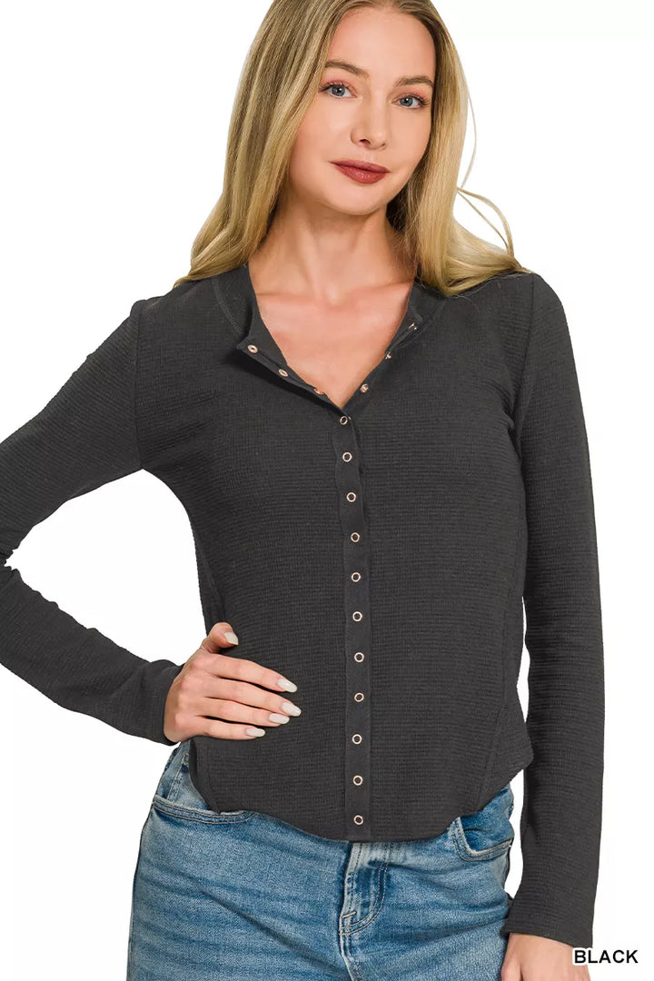 BLACK Fitted double knit snap button long sleeve top