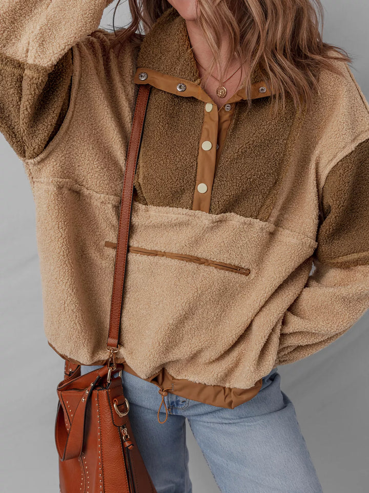 Color block sherpa pullover with half-snap placket