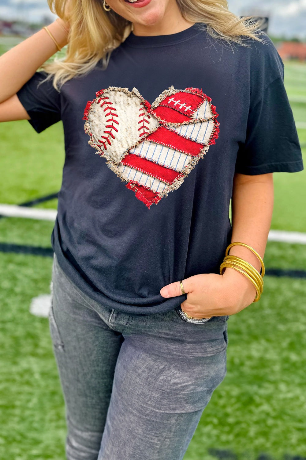 Distressed baseball heart graphic short sleeve tee