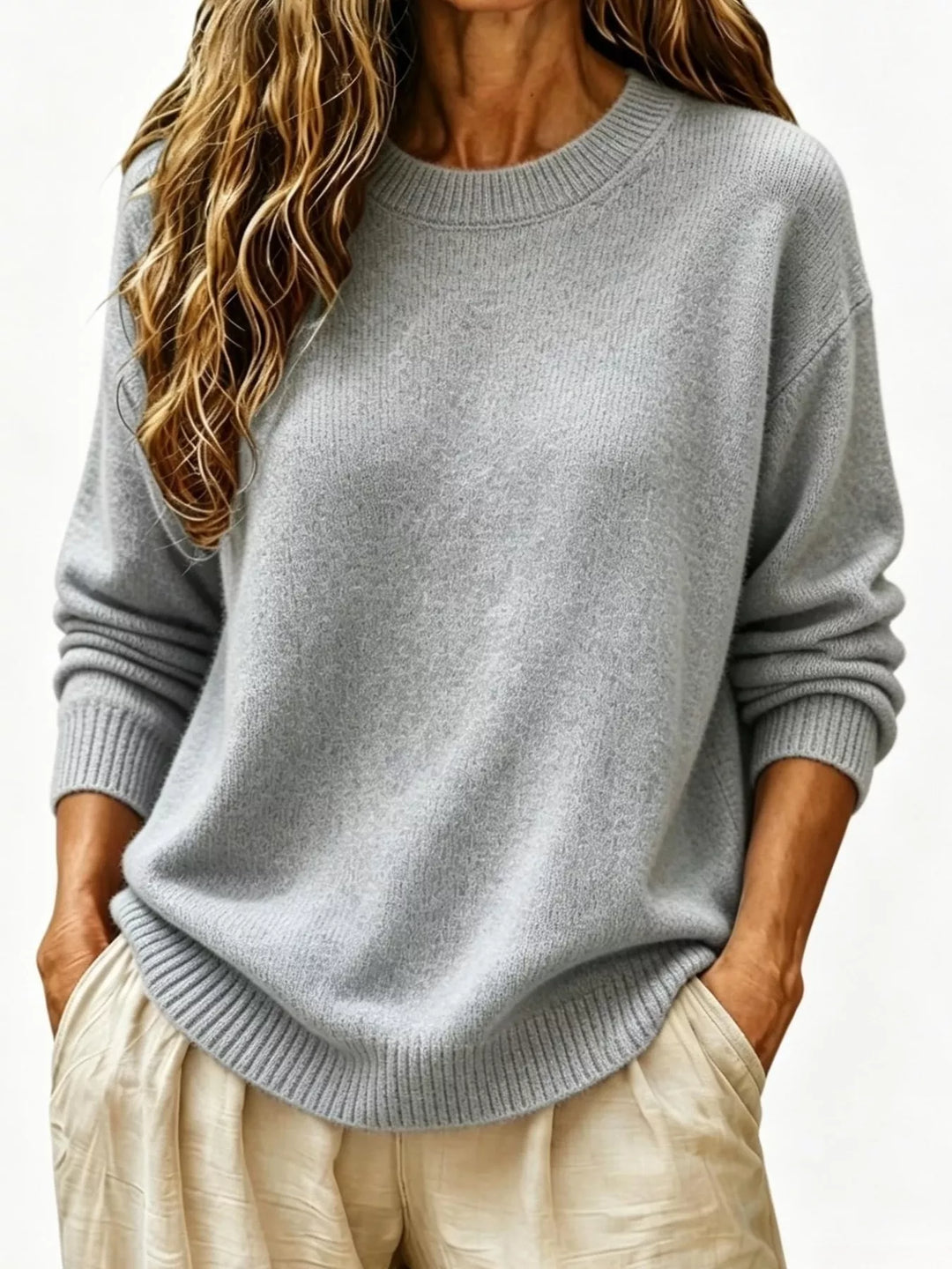 Gray Soft brushed knit sweater with ribbed cuffs and drop shoulders