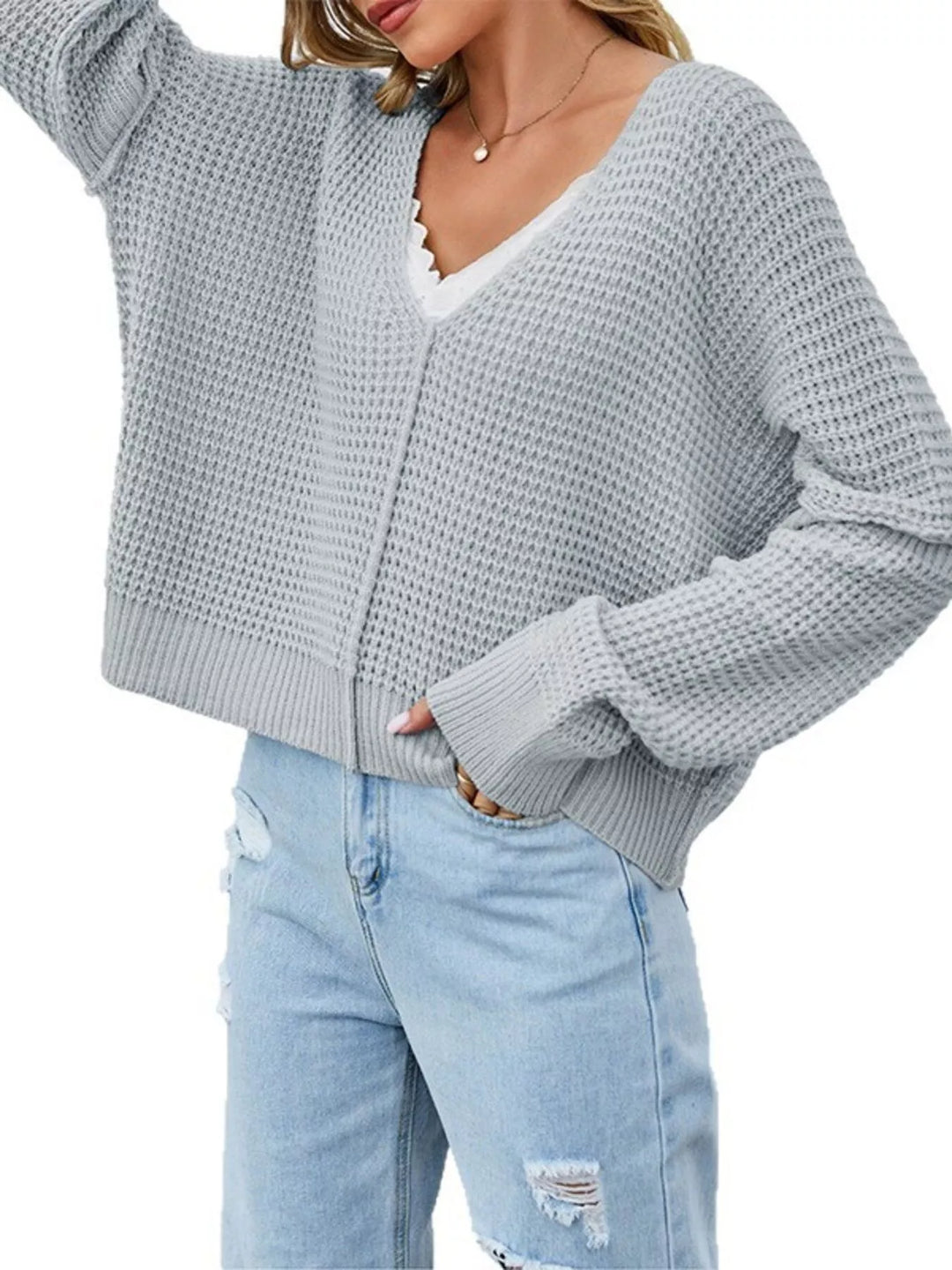 Waffle knit drop shoulder sweater with ribbed cuffs
