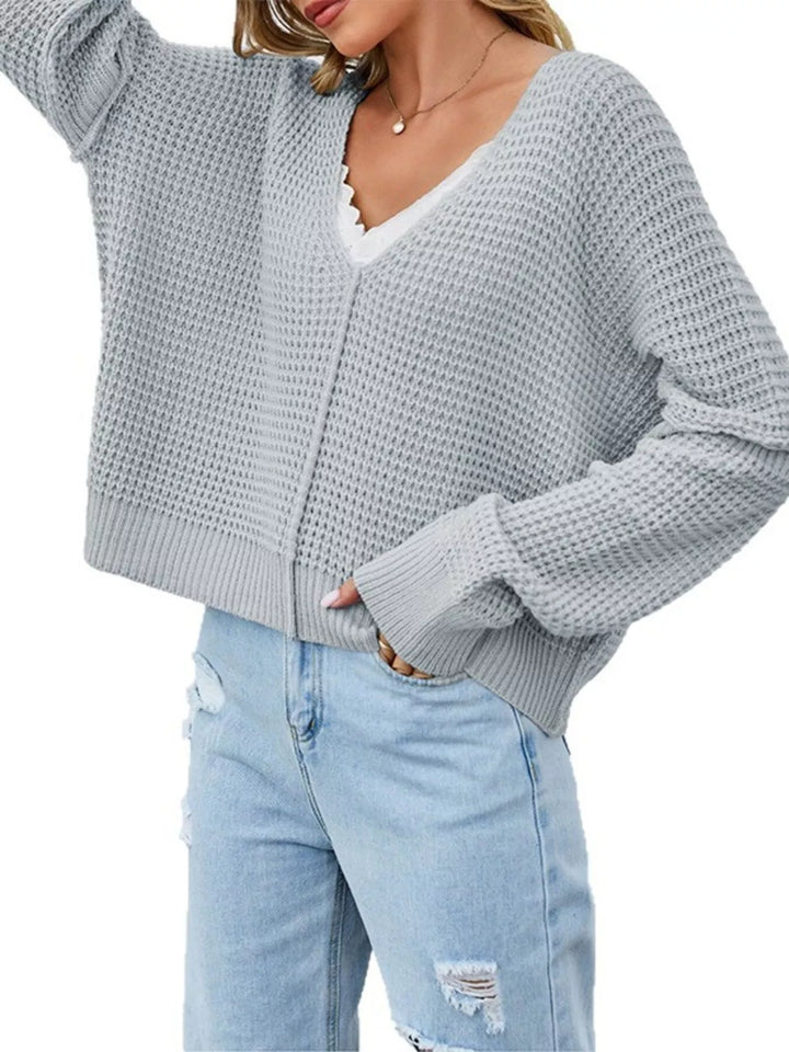 Waffle knit drop shoulder sweater with ribbed cuffs