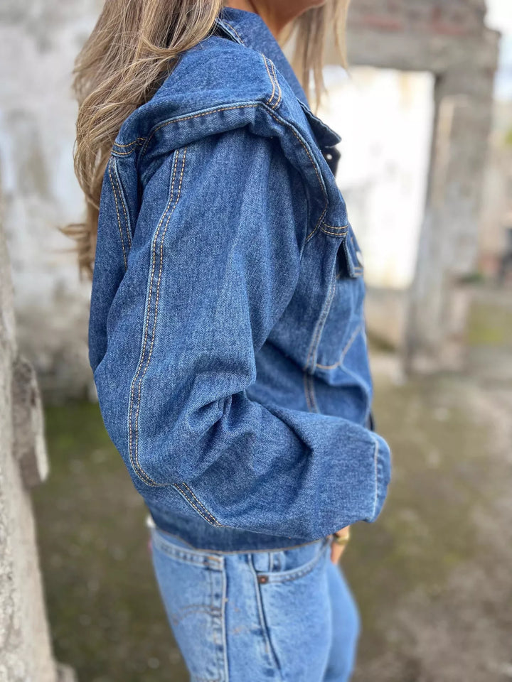 Button-up denim jacket with buttoned chest pockets