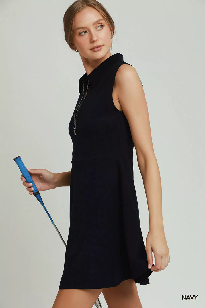 Sleeveless collared quarter-zip fit-and-flare tennis dress