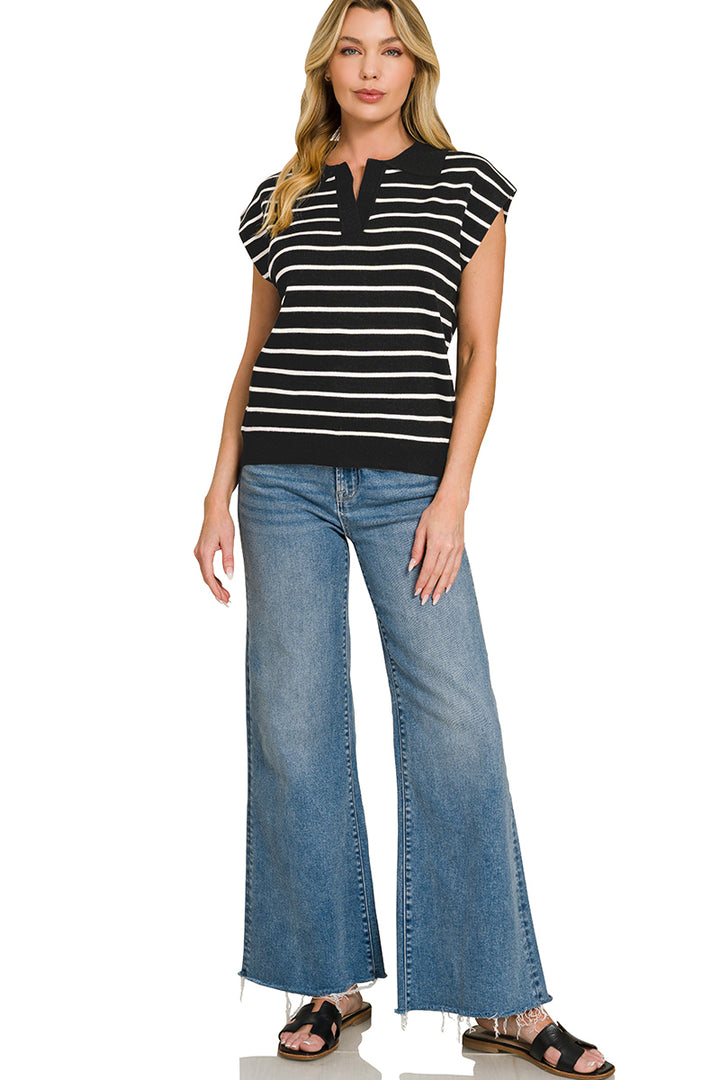 Striped collared sweater vest with split V-neck