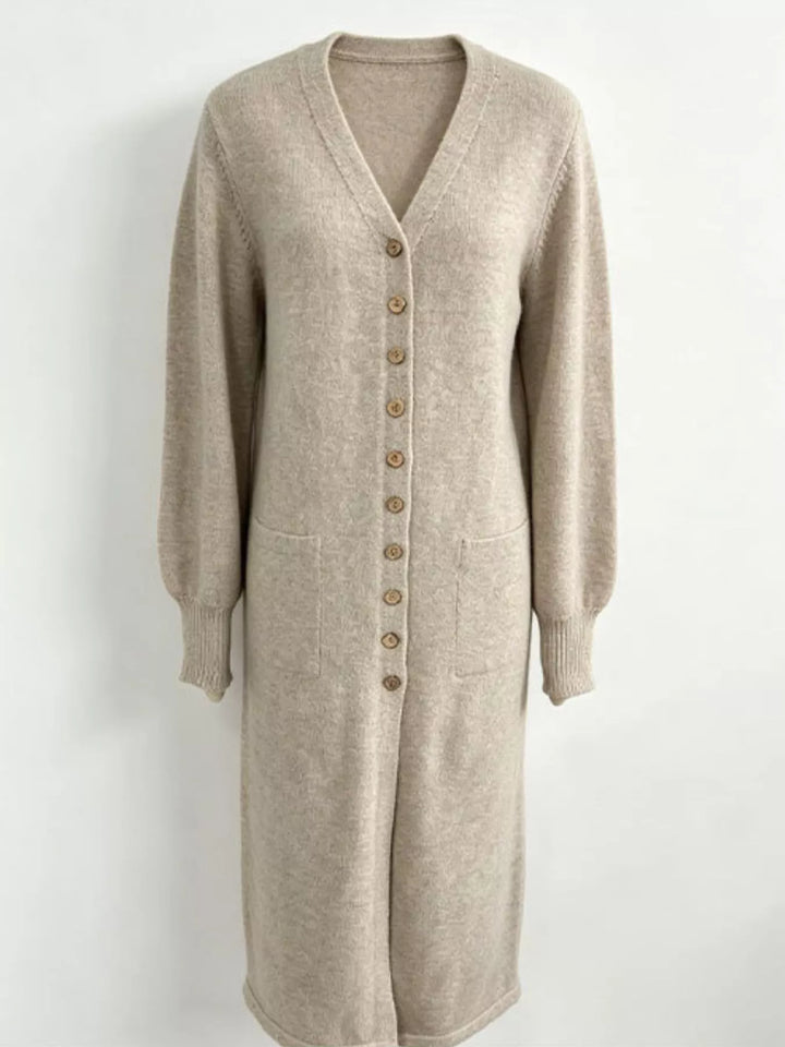 Button-front V-neck knit sweater midi dress