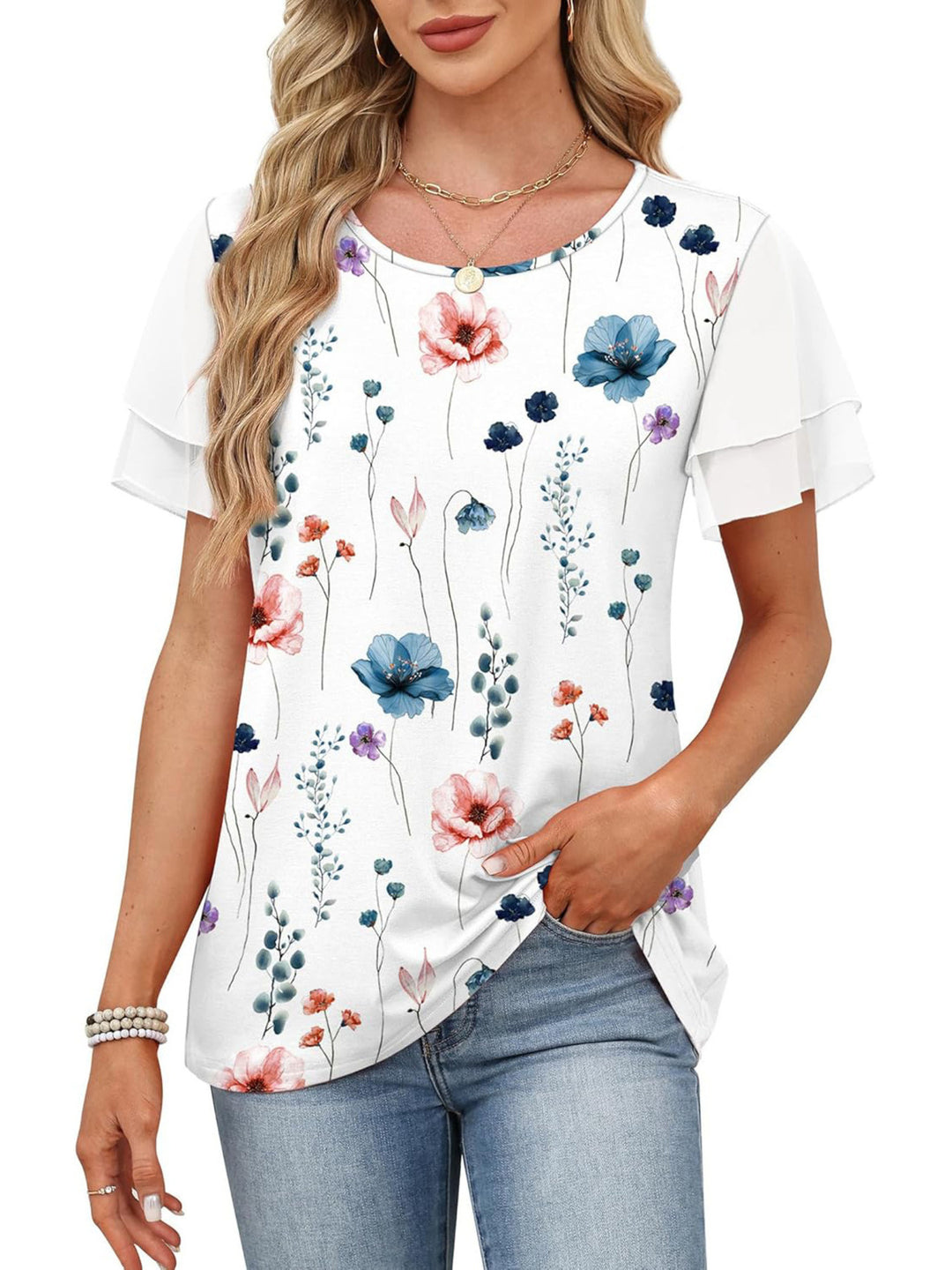 Layered leopard ruffle sleeve round neck top