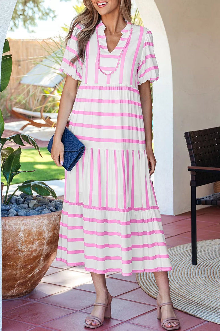 Striped ricrac trim notched neck tiered maxi dress