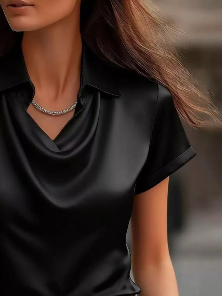 Cowl neck satin blouse with collar and cuffed short sleeves