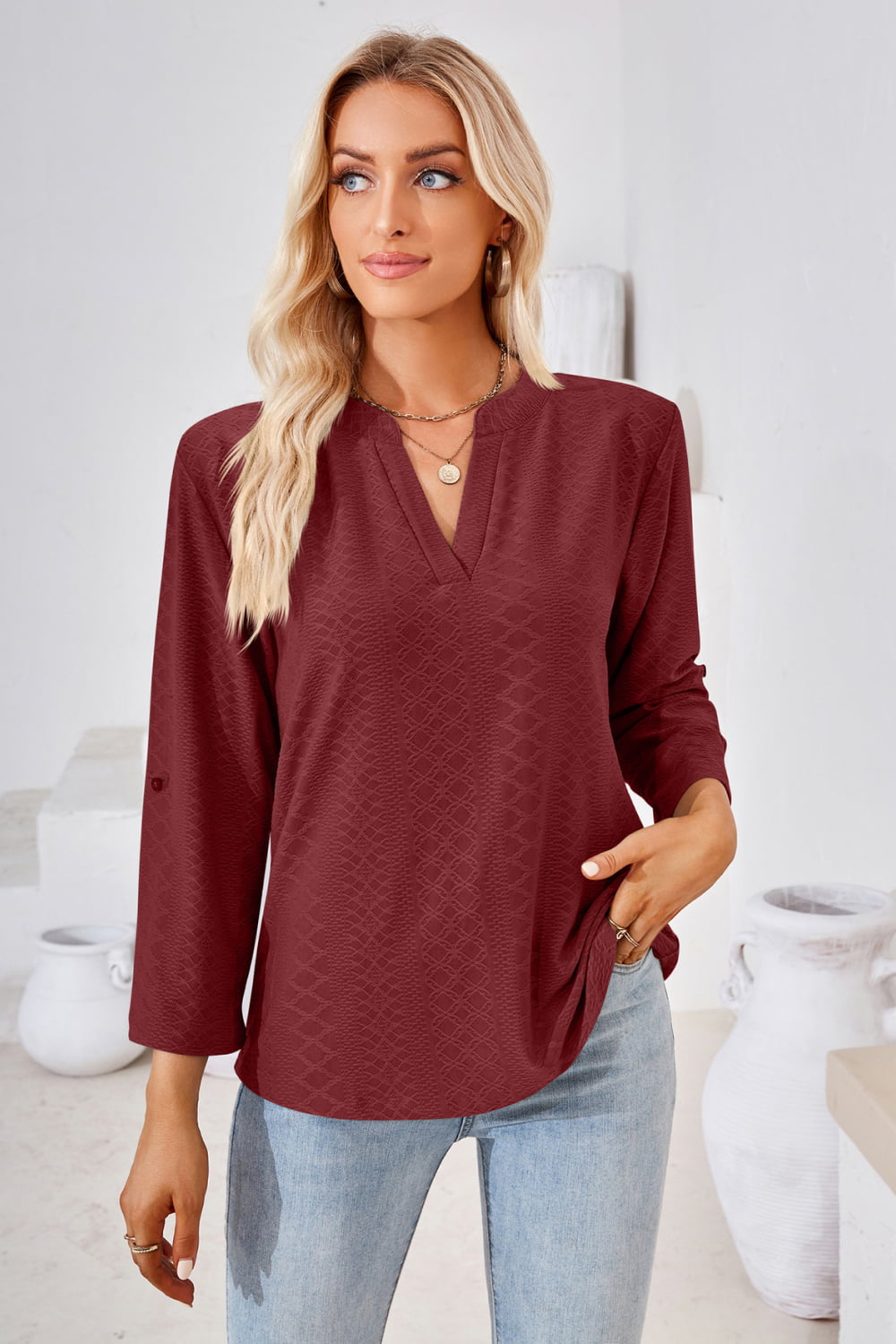 Burgundy Textured split v-neck blouse with roll-tab sleeves