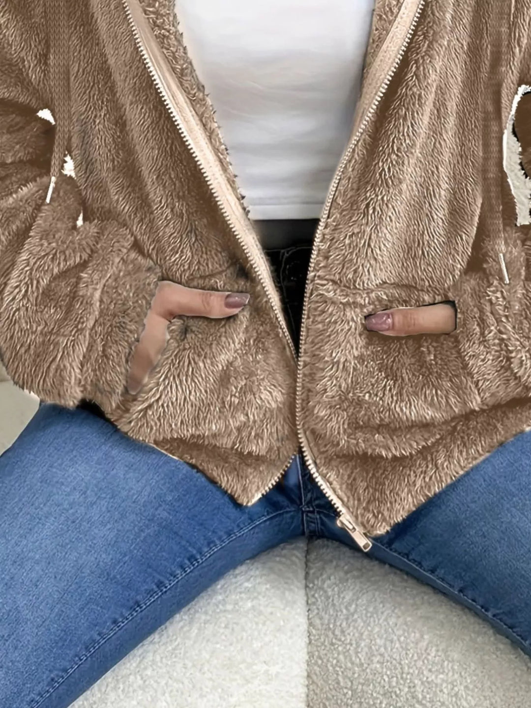 Taupe Fuzzy fleece hooded zip-up jacket with front pockets