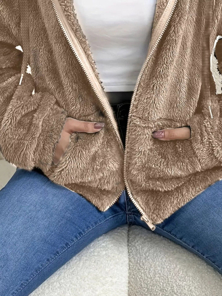 Taupe Fuzzy fleece hooded zip-up jacket with front pockets