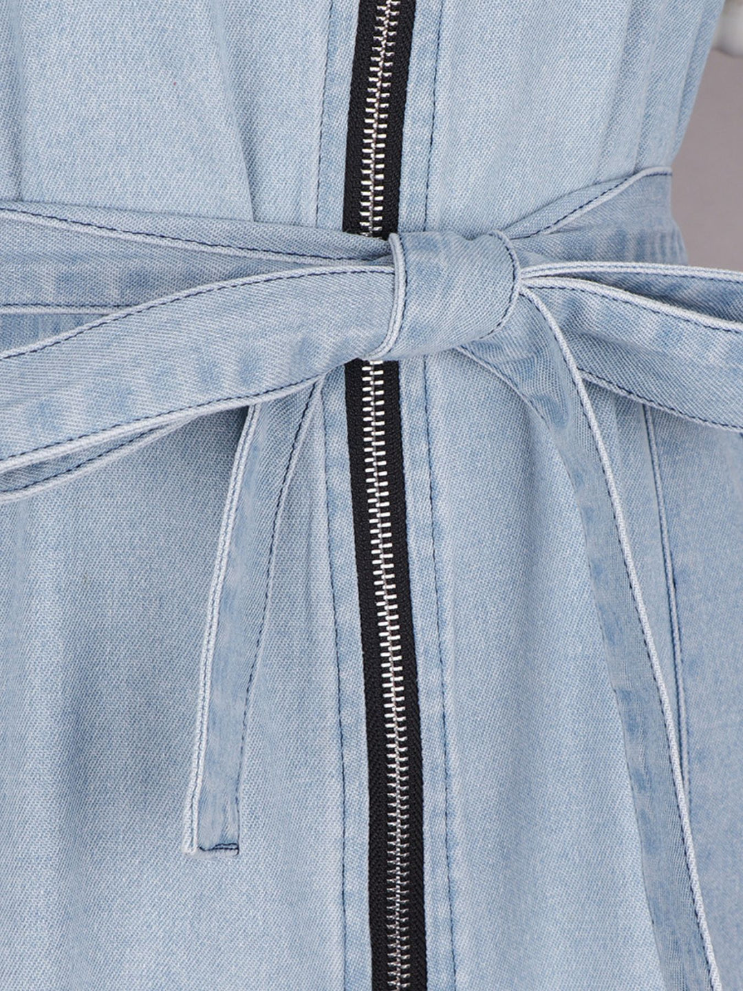 Zip front short sleeve denim mini dress with tie waist