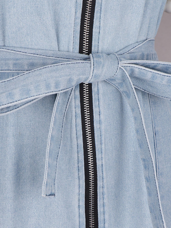 Zip front short sleeve denim mini dress with tie waist