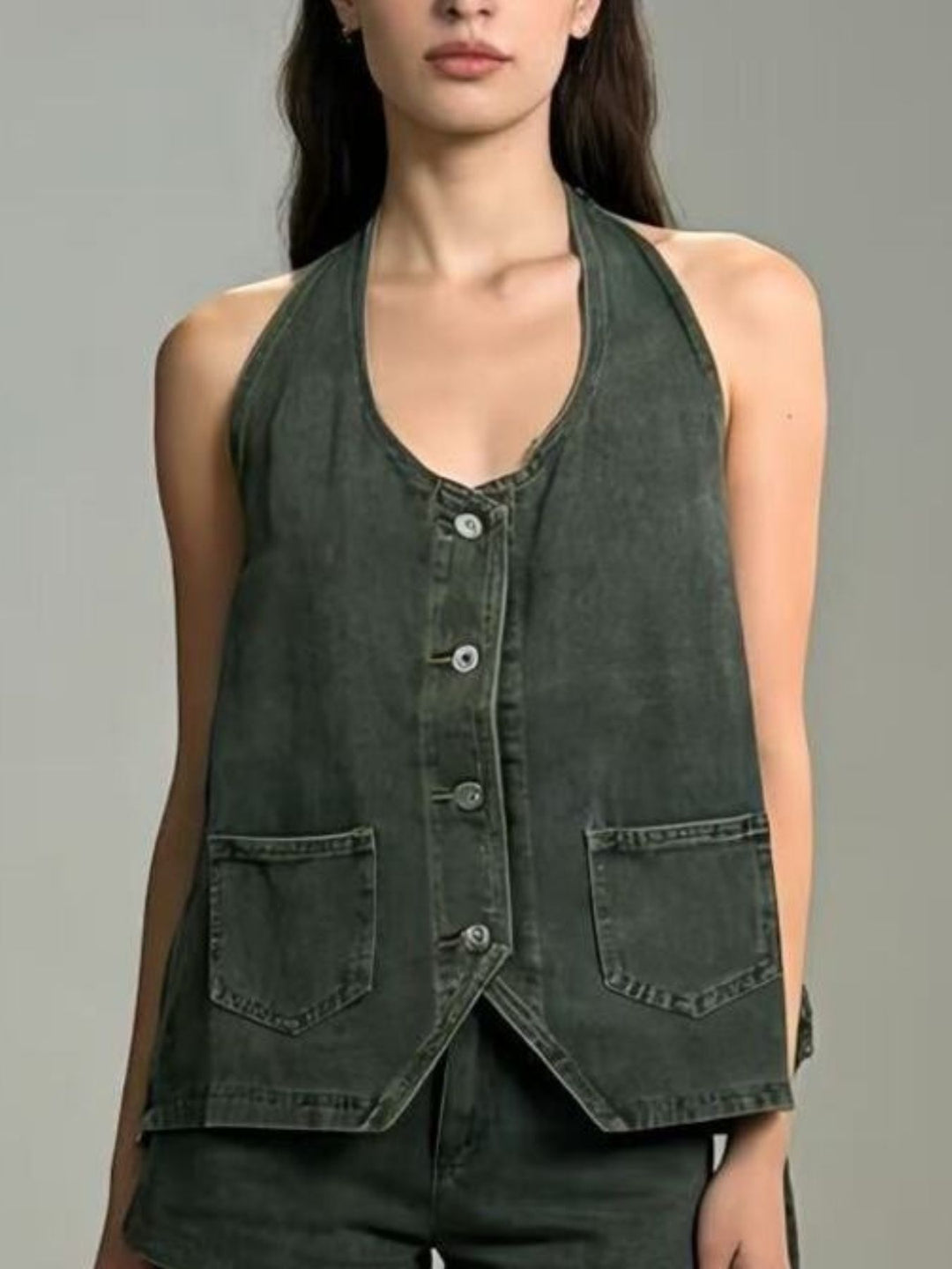 Halter neck button-down denim vest with patch pockets