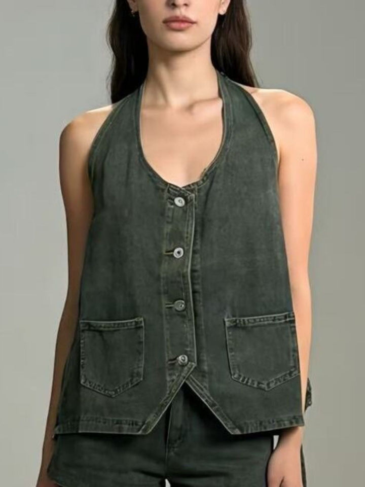 Halter neck button-down denim vest with patch pockets