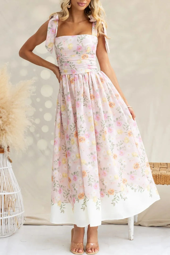 Blush Pink Floral tie-shoulder ruched midi cami dress