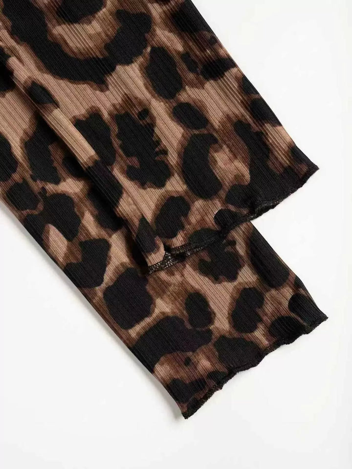 Ribbed leopard print button-up top with long sleeves