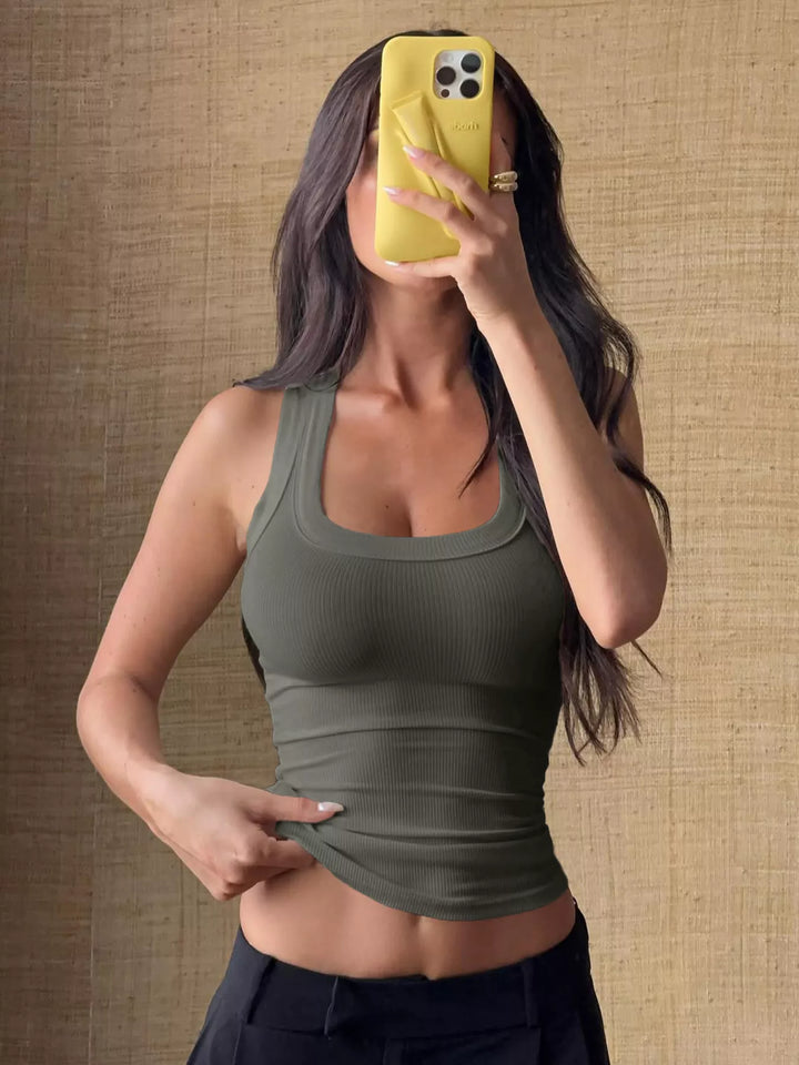 Army Green Ribbed knit cropped tank top with scoop neck