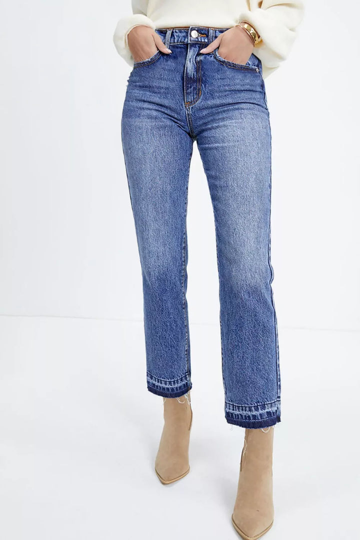 Dusty Blue High-rise straight-leg cropped jeans with raw frayed hem