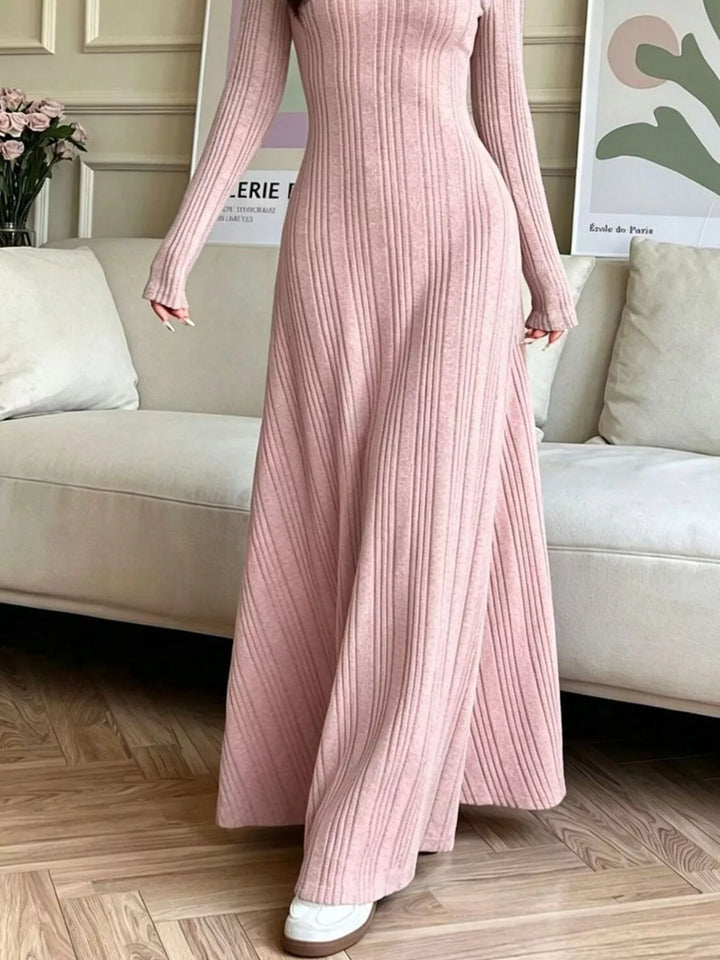 Ribbed knit long sleeve maxi dress with flared skirt