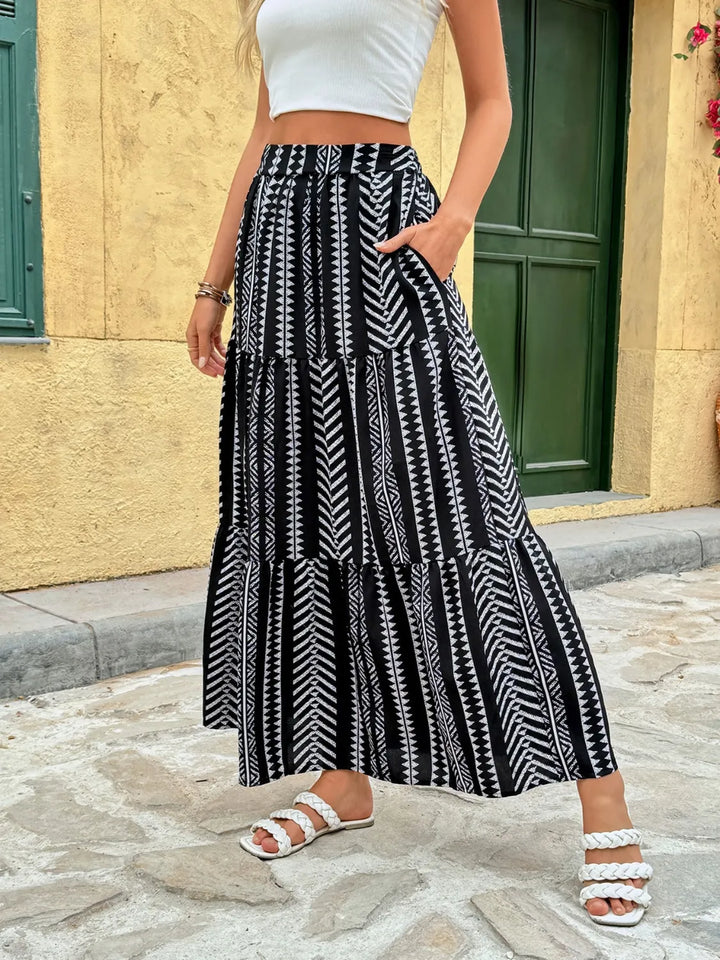 Geometric print tiered high-waist maxi skirt