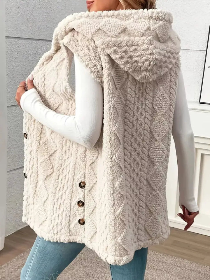 Textured sherpa hooded vest with button front