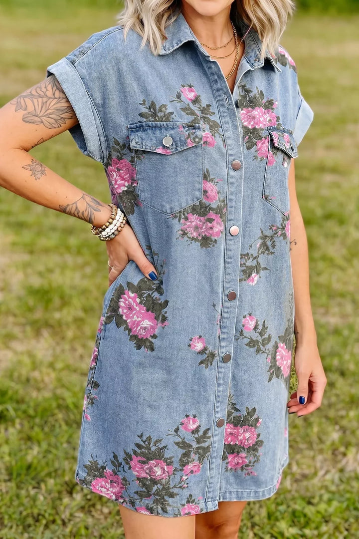 Medium Floral print denim mini shirt dress with chest pockets