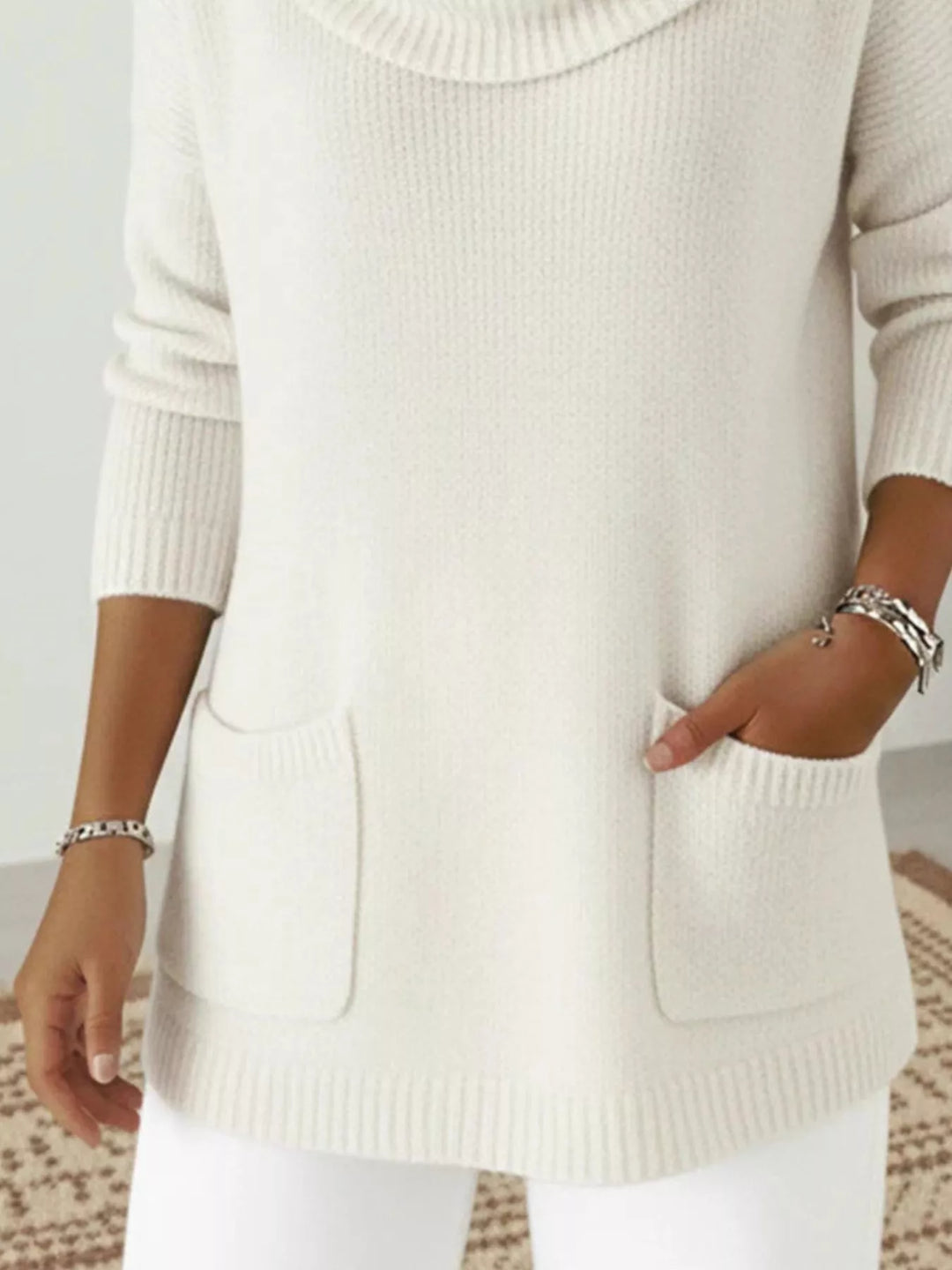 Cowl neck long sleeve knit sweater with front pockets