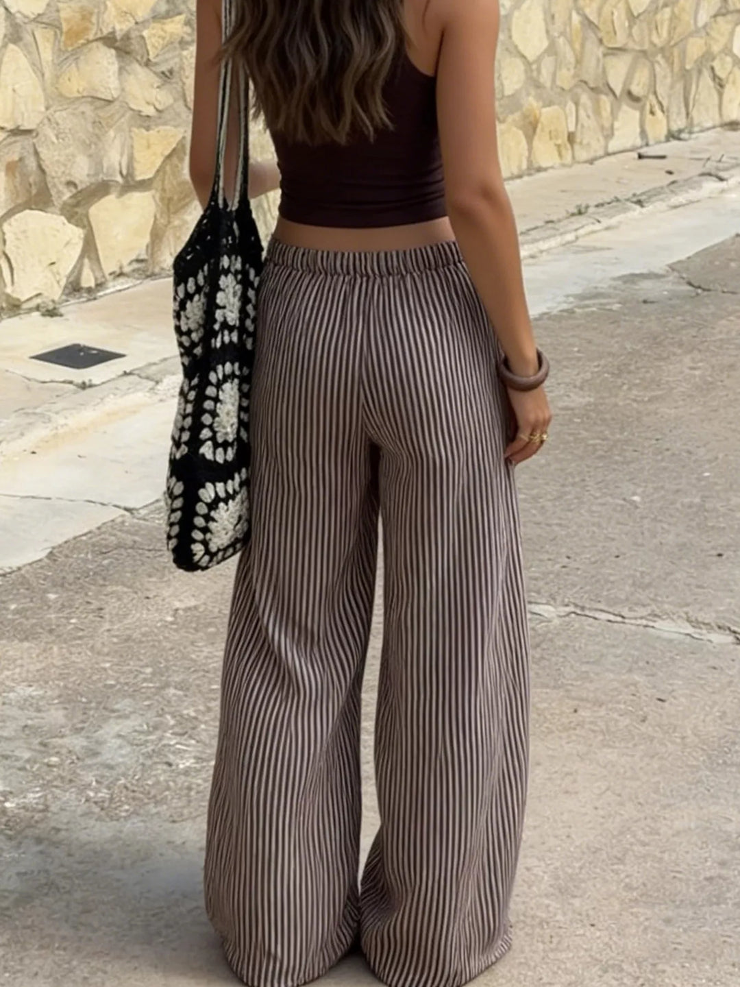 Striped wide-leg pants with drawstring tie waist