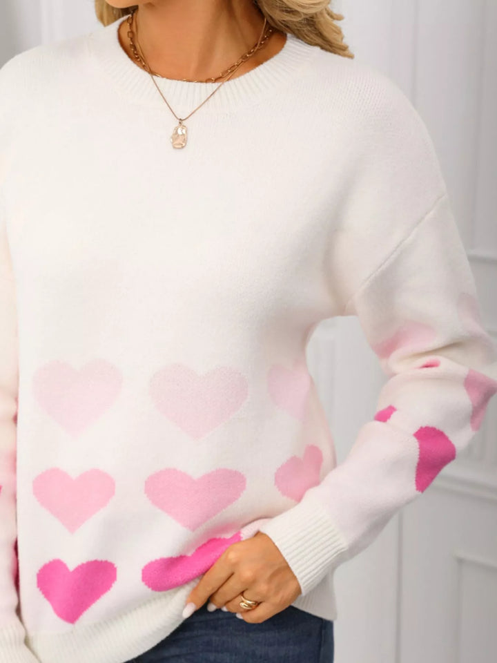 Heart pattern crew neck sweater with ribbed cuffs