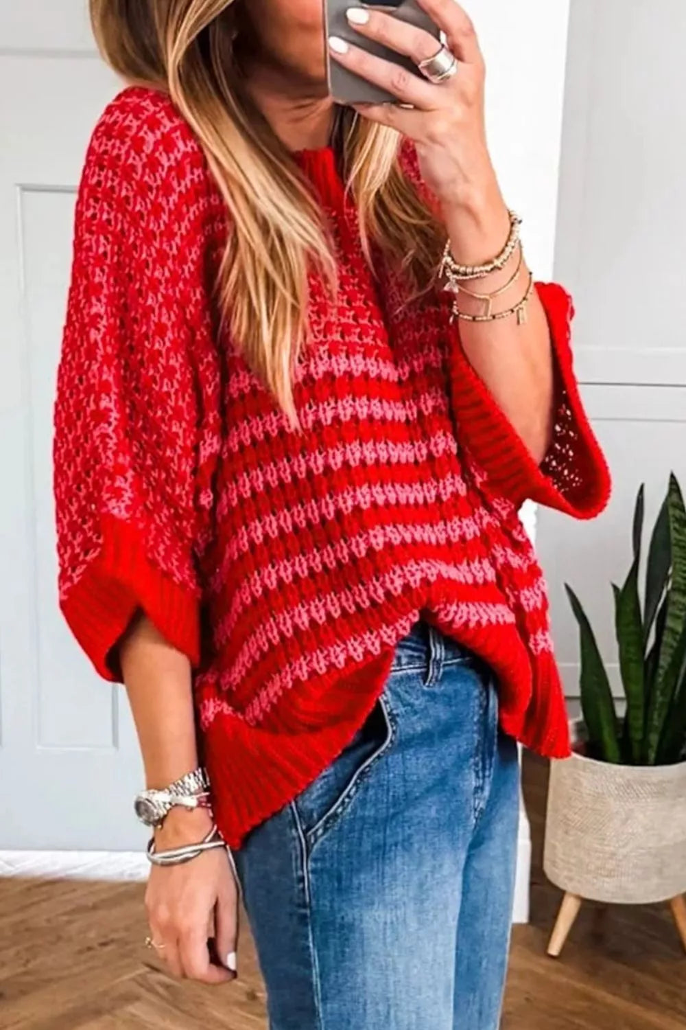 Striped open-knit crew neck sweater with half sleeves