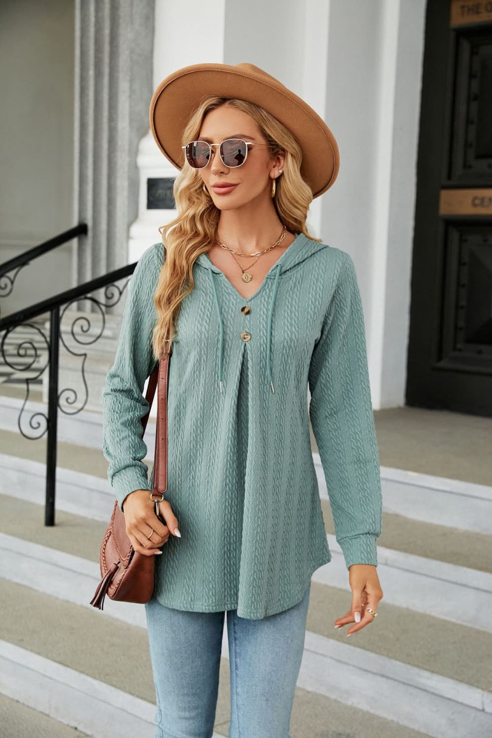 Sage Cable knit hooded top with tie neck and button placket