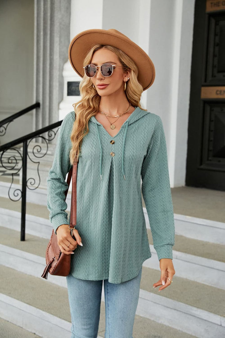 Sage Cable knit hooded top with tie neck and button placket