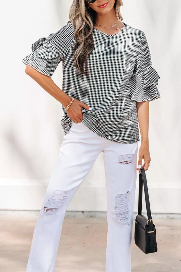 Gingham ruffle half-sleeve crew neck blouse