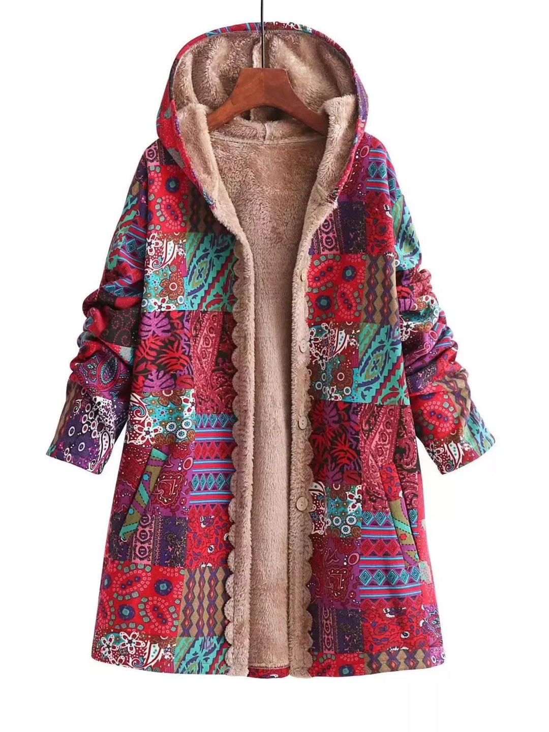 Red Bohemian patchwork fleece-lined hooded coat