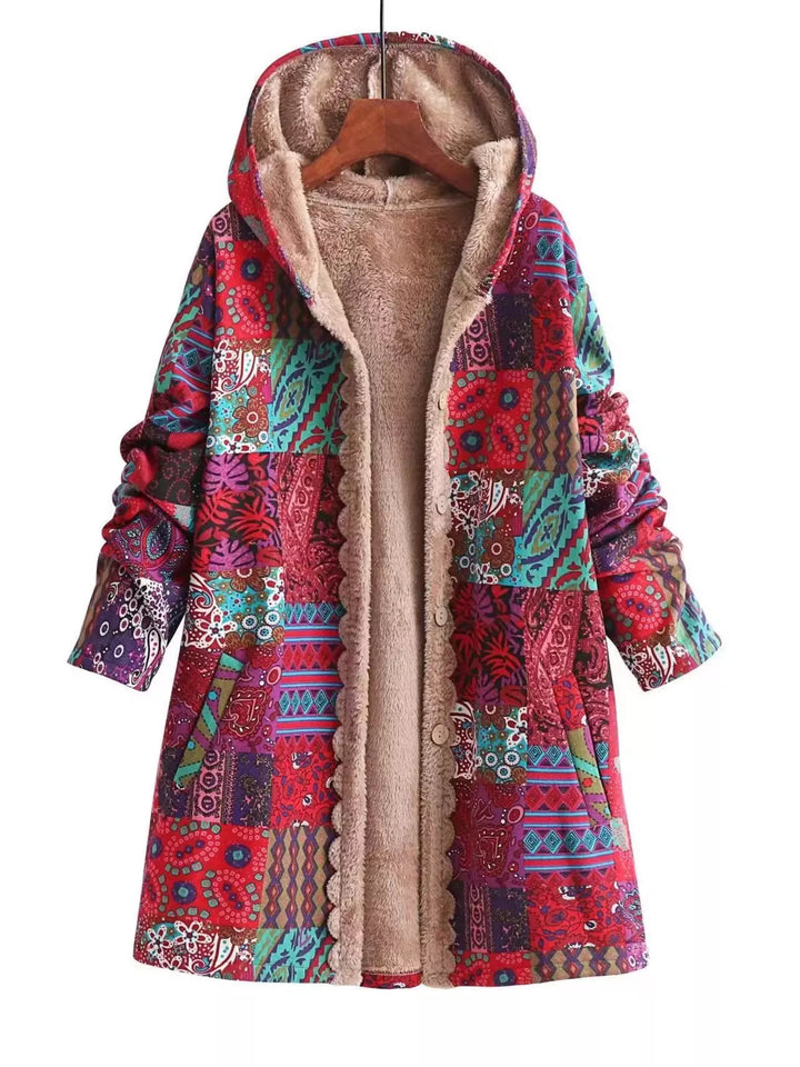 Red Bohemian patchwork fleece-lined hooded coat
