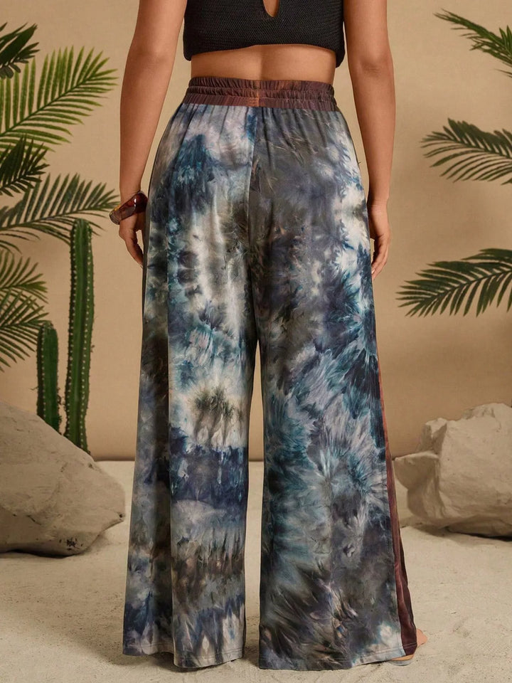 Tie-dye wide-leg drawstring pants with side slit