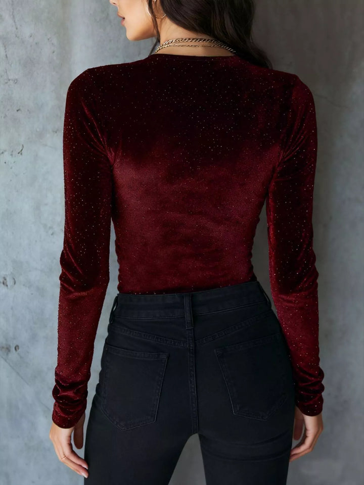 Glitter velvet ruched sweetheart-neck long sleeve top