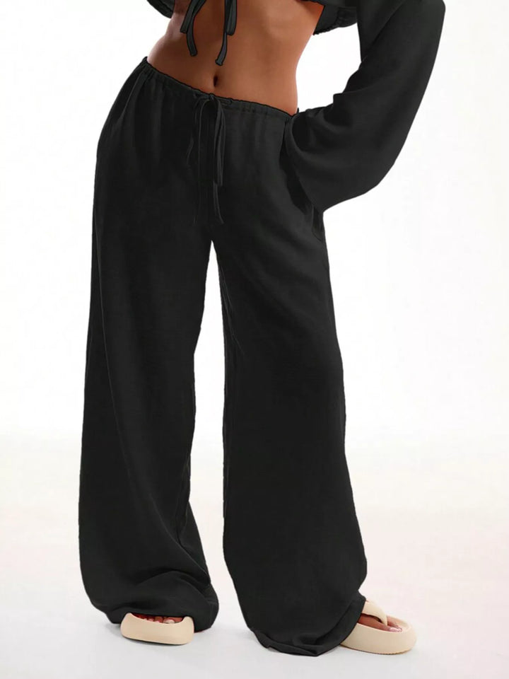 Linen-look drawstring wide-leg pants with side pockets