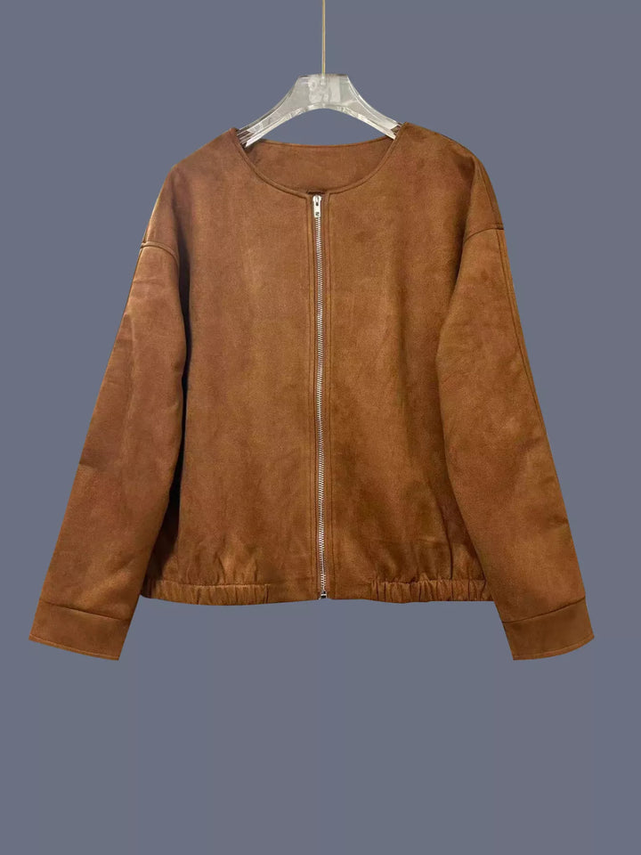 Faux suede zip-up dropped shoulder jacket
