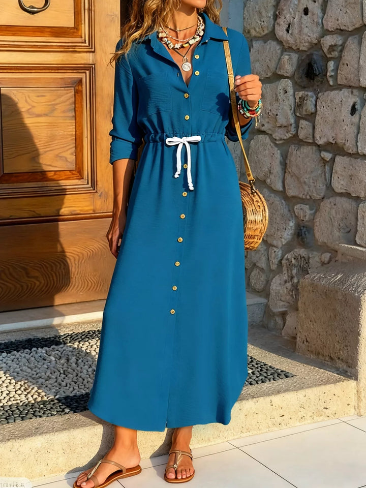 Button-down maxi shirt dress with drawstring waist