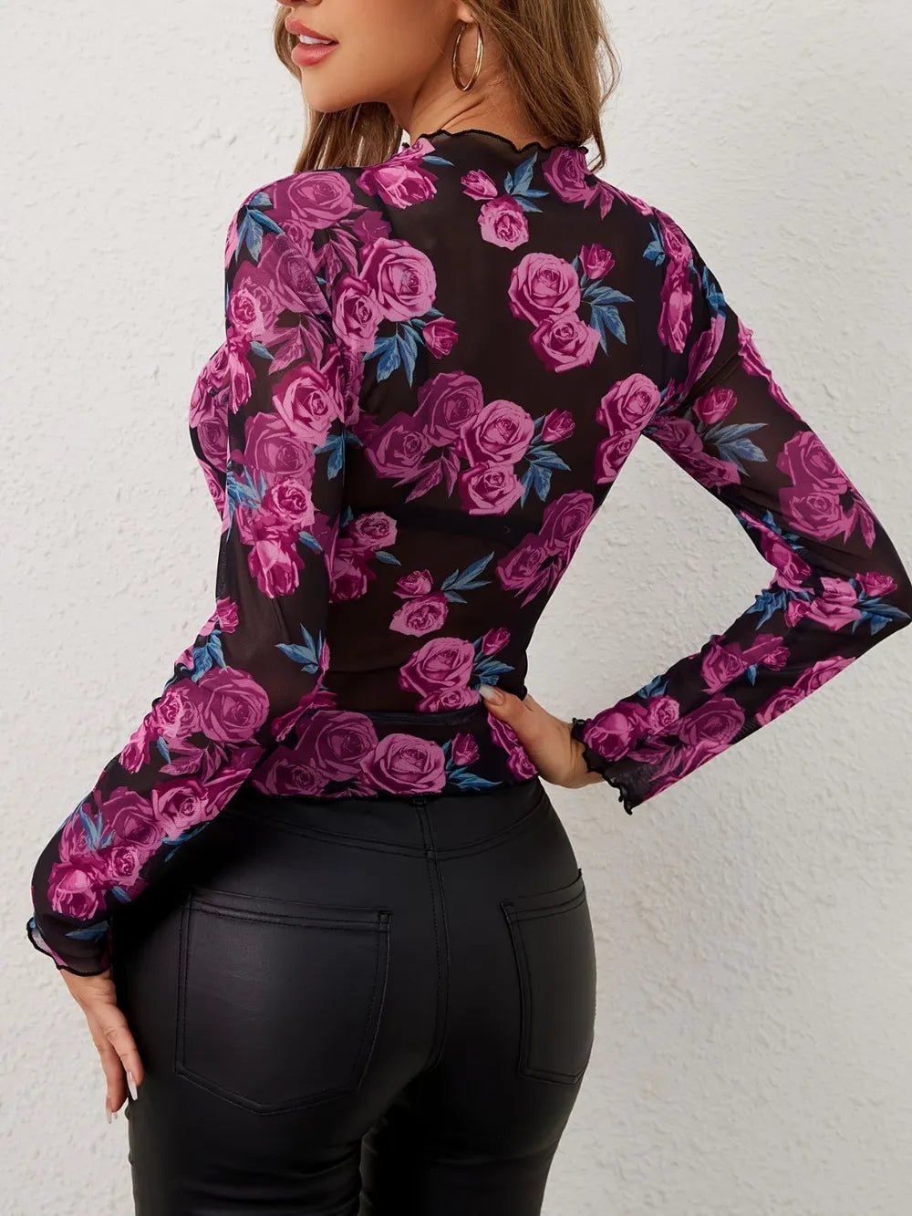 Sheer floral rose mesh mock neck long sleeve top