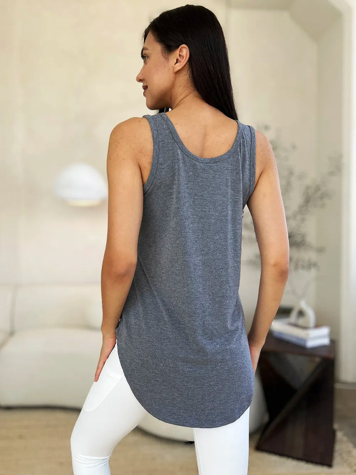 Round neck curved hem rayon tank top